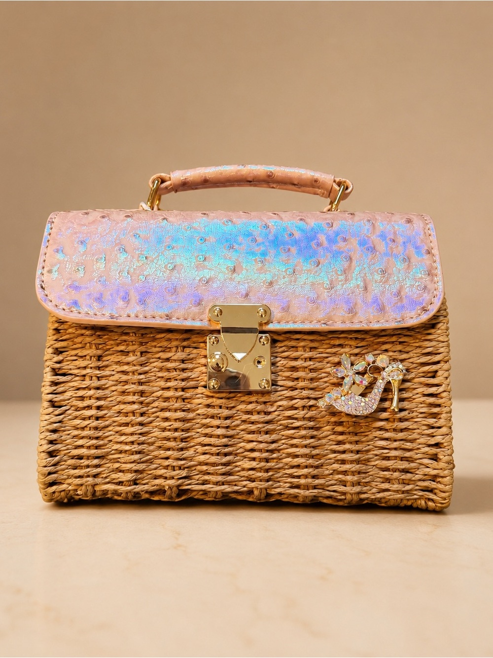 TaiGuri Wicker Box Purse / Mini Top Handle Bag with Added Crystal Brooch